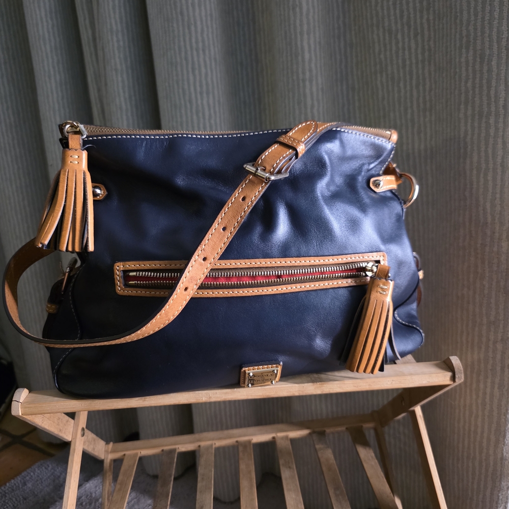 Dooney & Bourke Dark Blue and Tan Leather Shoulder Bag